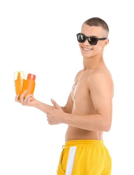 Happy Young Man Bottles Sunscreen Cream Showing Thumb Gesture Isolated — Stock Photo, Image