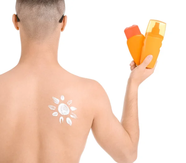 Junger Mann Mit Einer Flasche Sonnencreme Auf Weißem Hintergrund Rückseite — Stockfoto