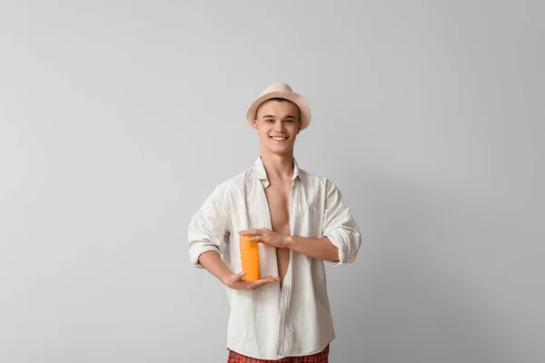Happy Young Man Bottle Sunscreen Cream Grey Background — Stock Photo, Image