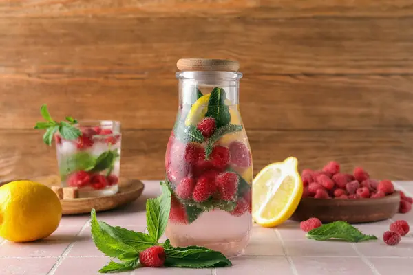 Bottle Glass Fresh Raspberry Lemonade Mint Pink Tile Table — Stock Photo, Image