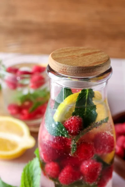 Bottle Fresh Raspberry Lemonade Mint Wooden Background Closeup — Stock Photo, Image