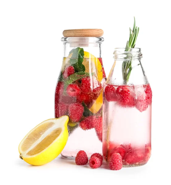 Bottles Fresh Raspberry Lemonade Mint Rosemary White Background — Stock Photo, Image