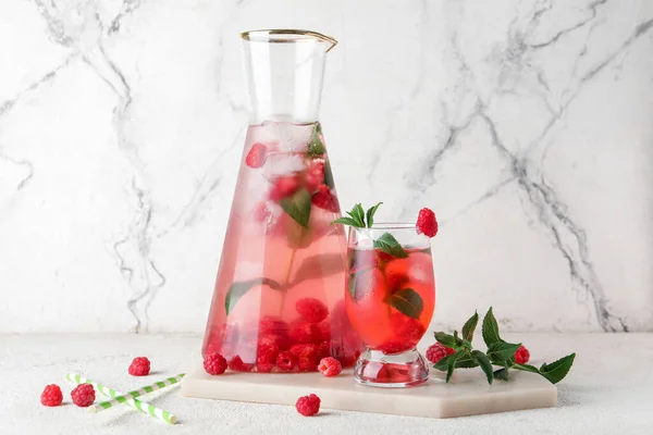 Bottle Glass Fresh Raspberry Lemonade Mint White Background — Stock Photo, Image