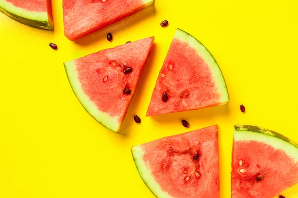 Pieces Fresh Watermelon Seeds Yellow Background — Stock Photo, Image