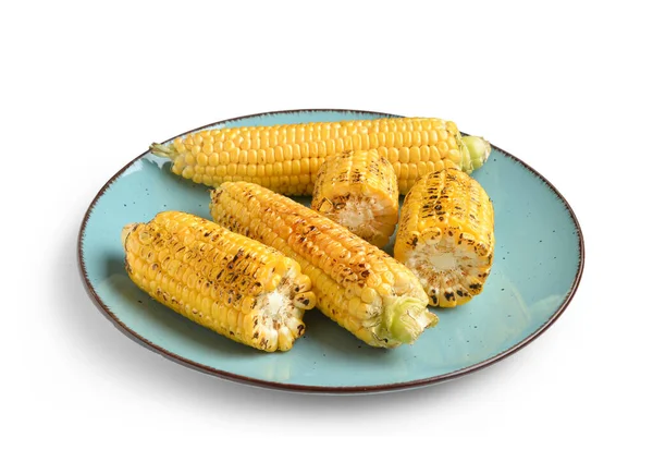 Plate Tasty Grilled Corn Cobs White Background — Stock Photo, Image
