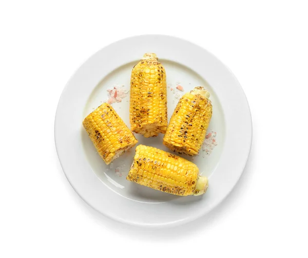 Plate Cut Tasty Grilled Corn Cobs White Background — Stock Photo, Image