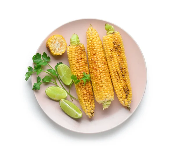 Plate Tasty Grilled Corn Cobs Lime White Background — Stock Photo, Image