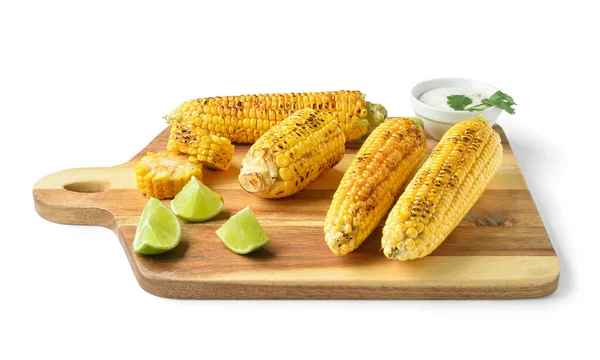 Wooden Board Tasty Grilled Corn Cobs Lime White Background — Stock Photo, Image