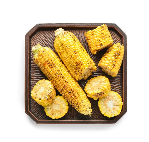 Tray Tasty Grilled Corn Cobs White Background — Stock Photo, Image