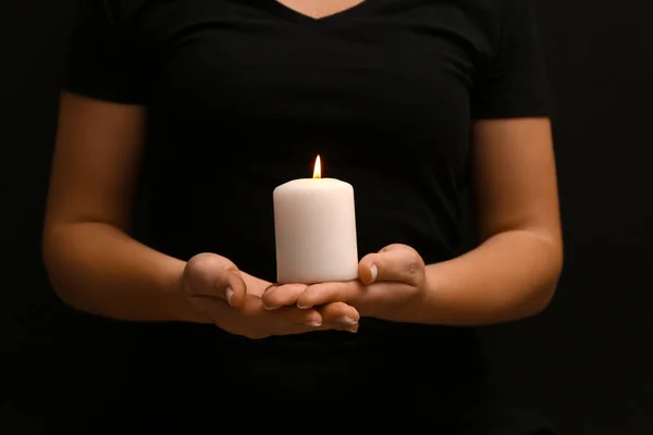 Woman Holding Burning Candle Black Background National Day Prayer Remembrance — Stock Photo, Image