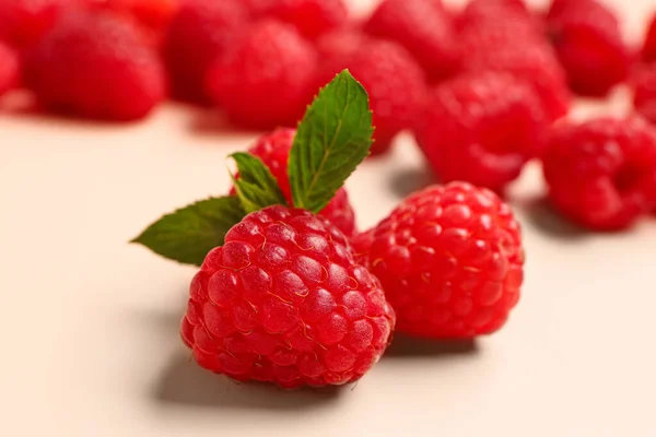 Fresh Raspberries Mint Pink Background — Stock Photo, Image