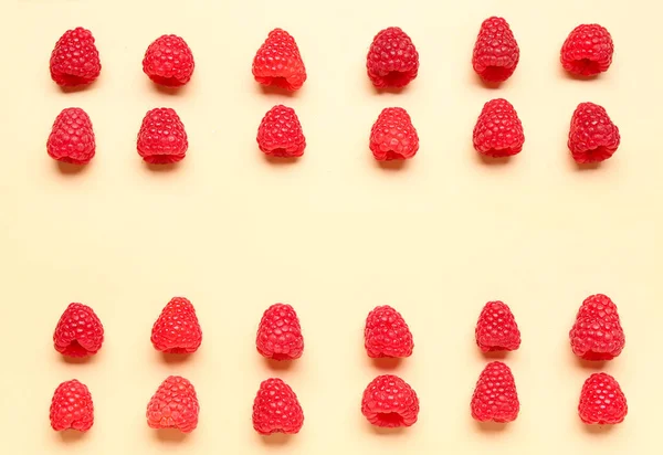 Many Fresh Raspberries Yellow Background — Stock Photo, Image