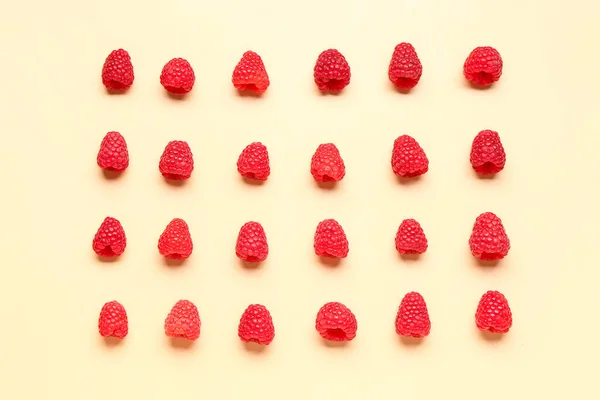 Many Fresh Raspberries Yellow Background — Stock Photo, Image