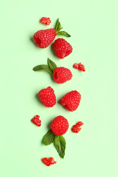 Fresh Raspberries Mint Green Background — Stock Photo, Image