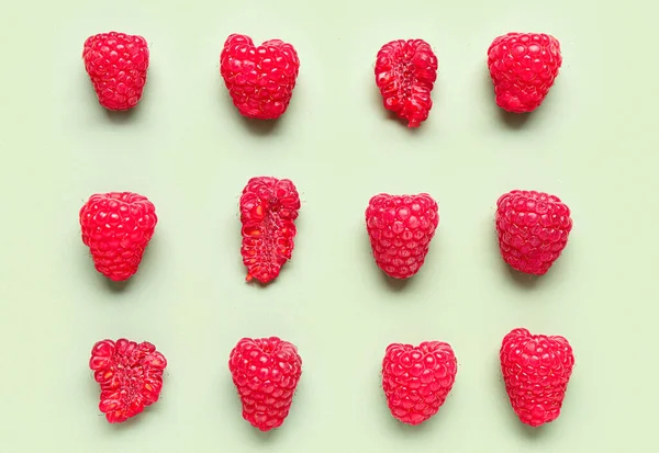 Many Fresh Raspberries Light Green Background — Stock Photo, Image