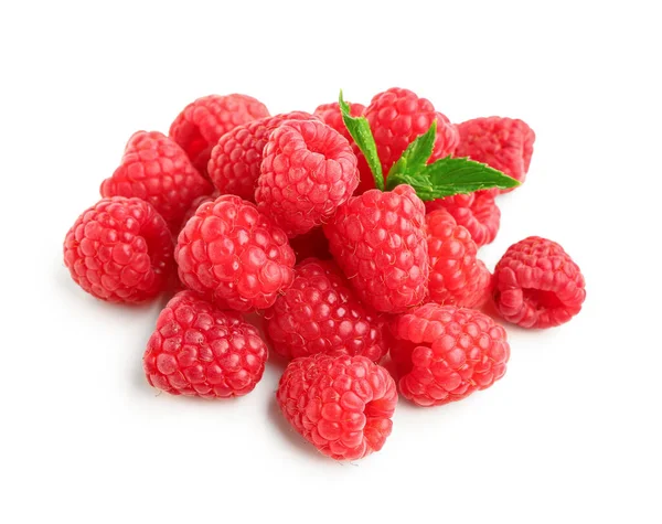Heap Fresh Raspberries Mint White Background — Stock Photo, Image
