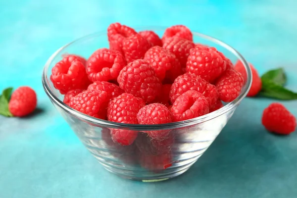Glass Bowl Fresh Raspberries Blue Background — Stock Photo, Image
