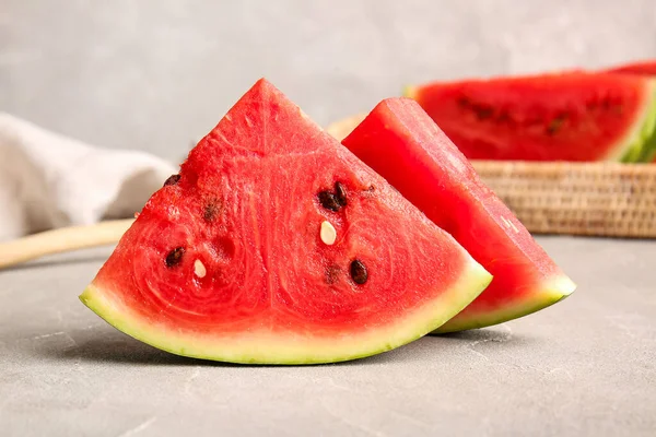 Pieces Fresh Watermelon Grey Table — Stock Photo, Image