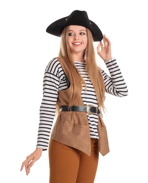 Mooie Vrouwelijke Piraat Witte Achtergrond — Stockfoto