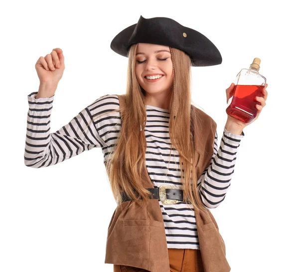 Beautiful Female Pirate Bottle Rum White Background — Stock Photo, Image