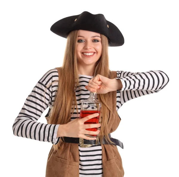 Красива Жінка Піратка Пляшкою Рому Білому Тлі — стокове фото