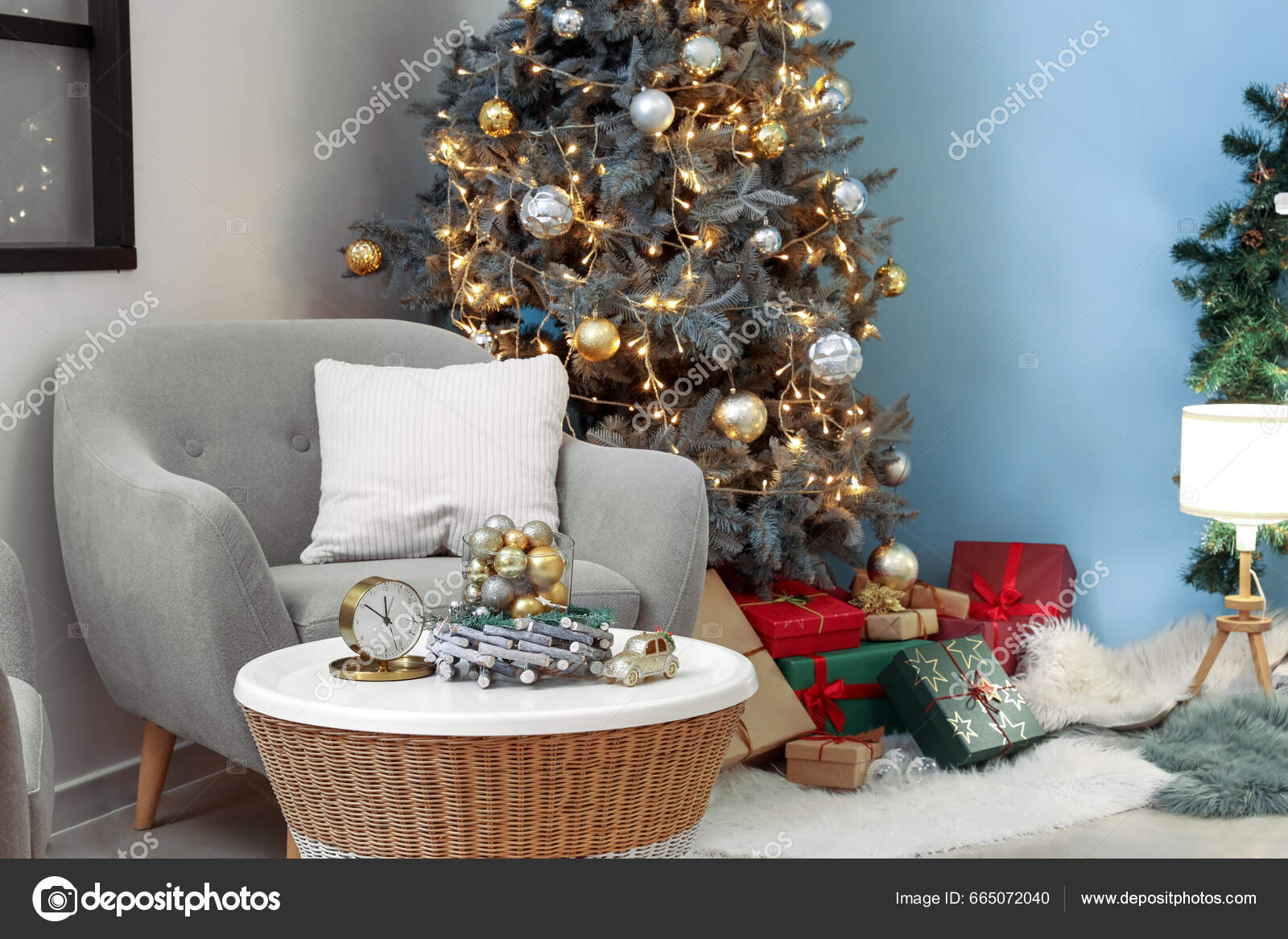 Interior Living Room Christmas Tree Armchair Gift Boxes Coffee Table