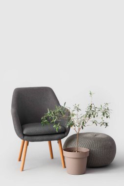 Yumuşak koltuk, beyaz arka planda puf ve çiçek.