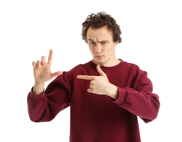 Shocked Young Man Showing Loser Gesture White Background — Stock Photo, Image