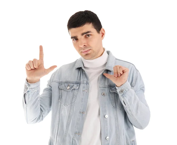 Upset Young Man Showing Loser Gesture White Background — Stock Photo, Image