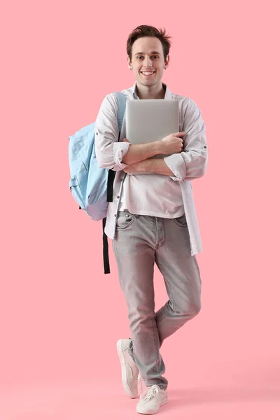Male Student Laptop Pink Background — Stock Photo, Image