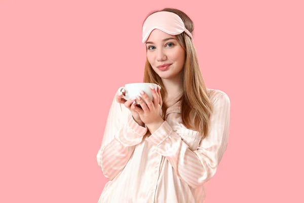 Young Woman Pajamas Cup Coffee Pink Background — Stock Photo, Image