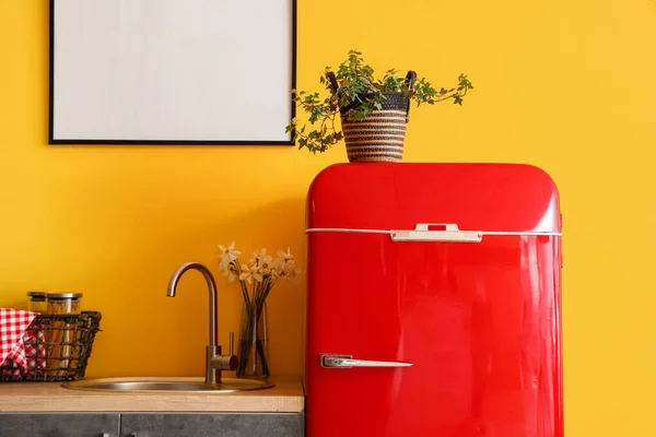 Interior Stylish Kitchen Red Fridge Blank Picture Houseplant — Stock Photo, Image