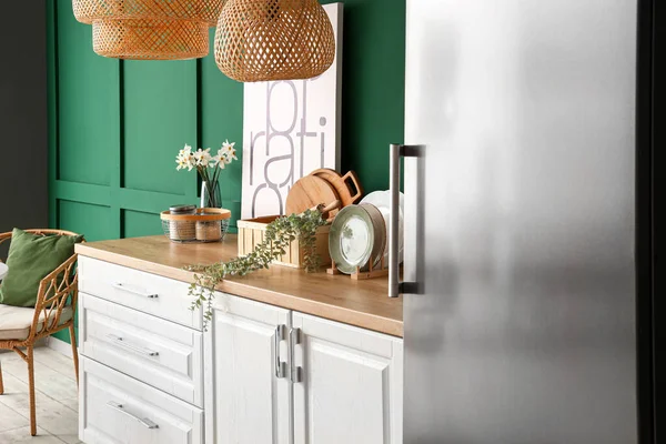 Interior Kitchen Stylish Fridge Counters Lamps Chair — Stock Photo, Image