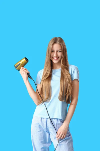 Beautiful Young Woman Hair Dryer Light Blue Background — Stock Photo, Image