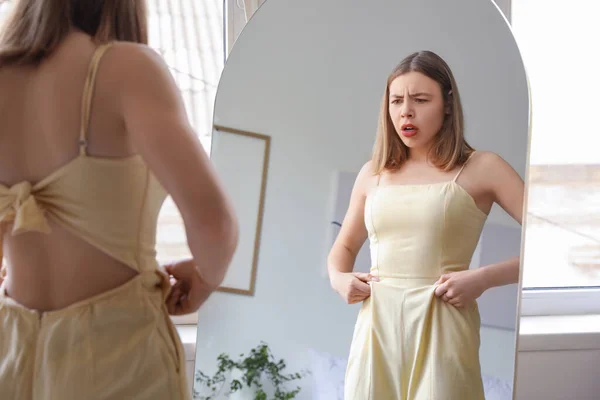 Upset Young Woman Looking Mirror Home — Stock Photo, Image