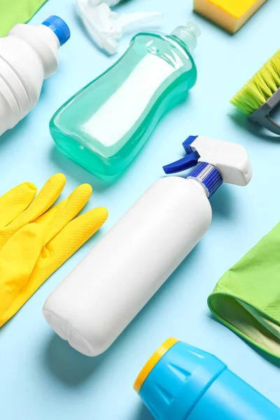 Different Cleaning Supplies Blue Background — Stock Photo, Image