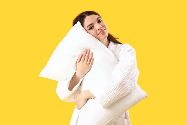 Young Woman Gown Pillow Yellow Background — Stock Photo, Image