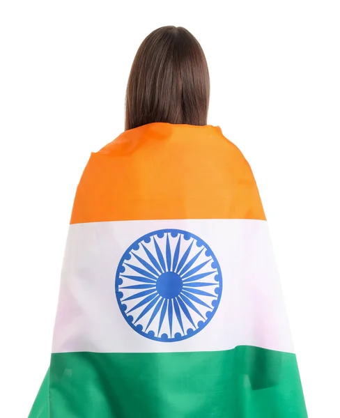 Junge Frau Mit Indischer Flagge Auf Weißem Hintergrund Rückseite — Stockfoto