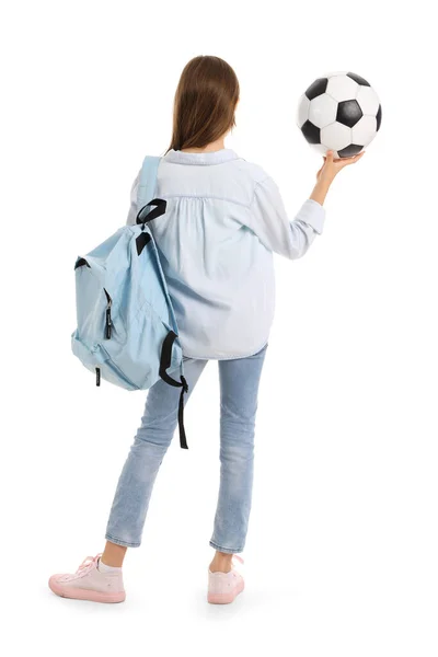 Klein Meisje Met Schooltas Voetbal Witte Achtergrond Achteraanzicht — Stockfoto