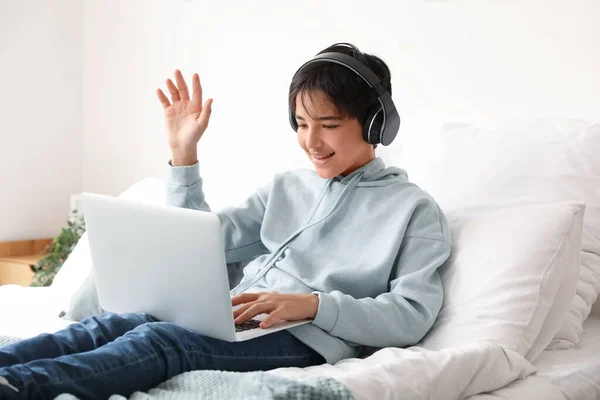 Little Boy Headphones Laptop Video Chatting Bedroom — Stock Photo, Image