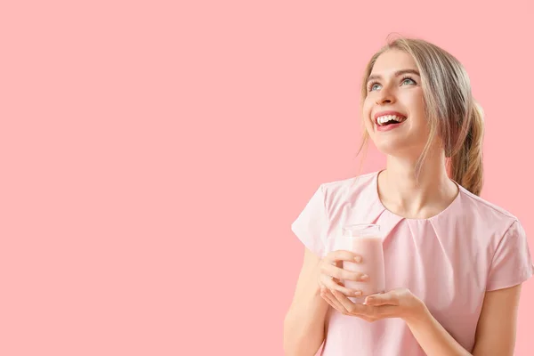 Young Woman Tasty Yoghurt Pink Background — Stock Photo, Image