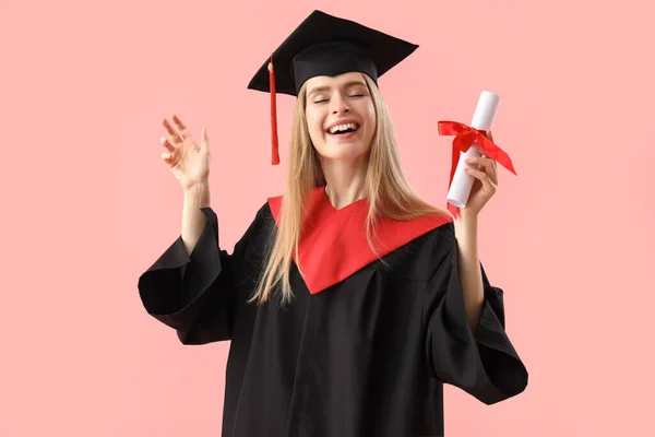 Female Graduate Student Diploma Pink Background — Stock Photo, Image