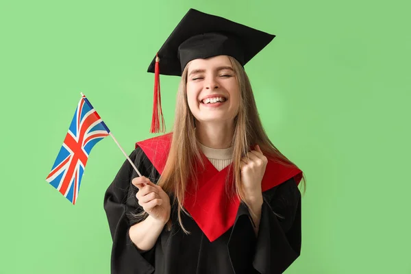 Ženské Postgraduální Student Britskou Vlajkou Zeleném Pozadí — Stock fotografie