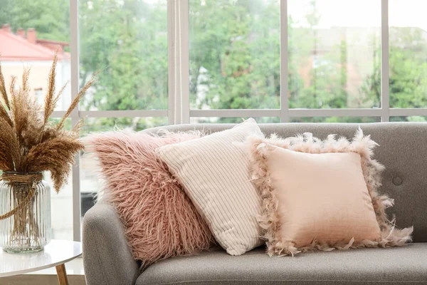 Cozy Grey Sofa Cushions Vase Pampas Grass Table Light Living — Stock Photo, Image