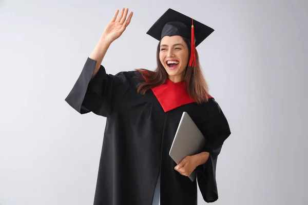 Estudante Pós Graduação Sexo Feminino Com Laptop Fundo Leve — Fotografia de Stock