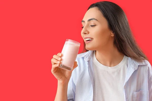 Young Woman Tasty Yoghurt Red Background Closeup — Stock Photo, Image