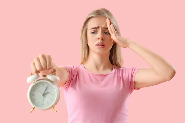 Stressed Young Woman Alarm Clock Pink Background Deadline Concept — Stock Photo, Image