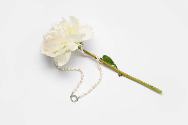 Hermosa Flor Peonía Con Elegante Collar Femenino Sobre Fondo Blanco —  Fotos de Stock