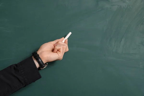 Male Teacher Chalk Piece Chalkboard Closeup — Stock Photo, Image