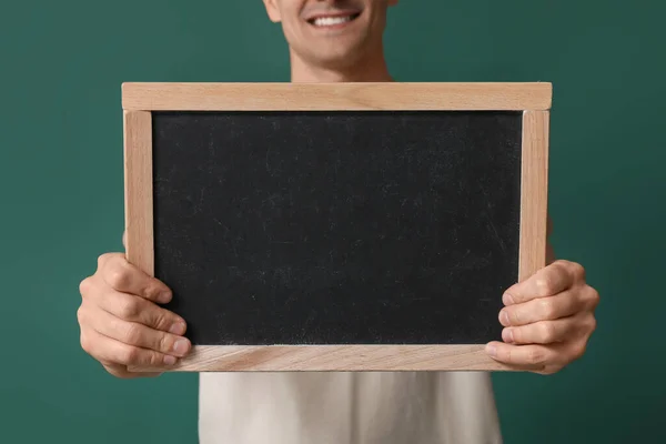 Male Teacher Chalkboard Green Background Closeup — Stock Photo, Image